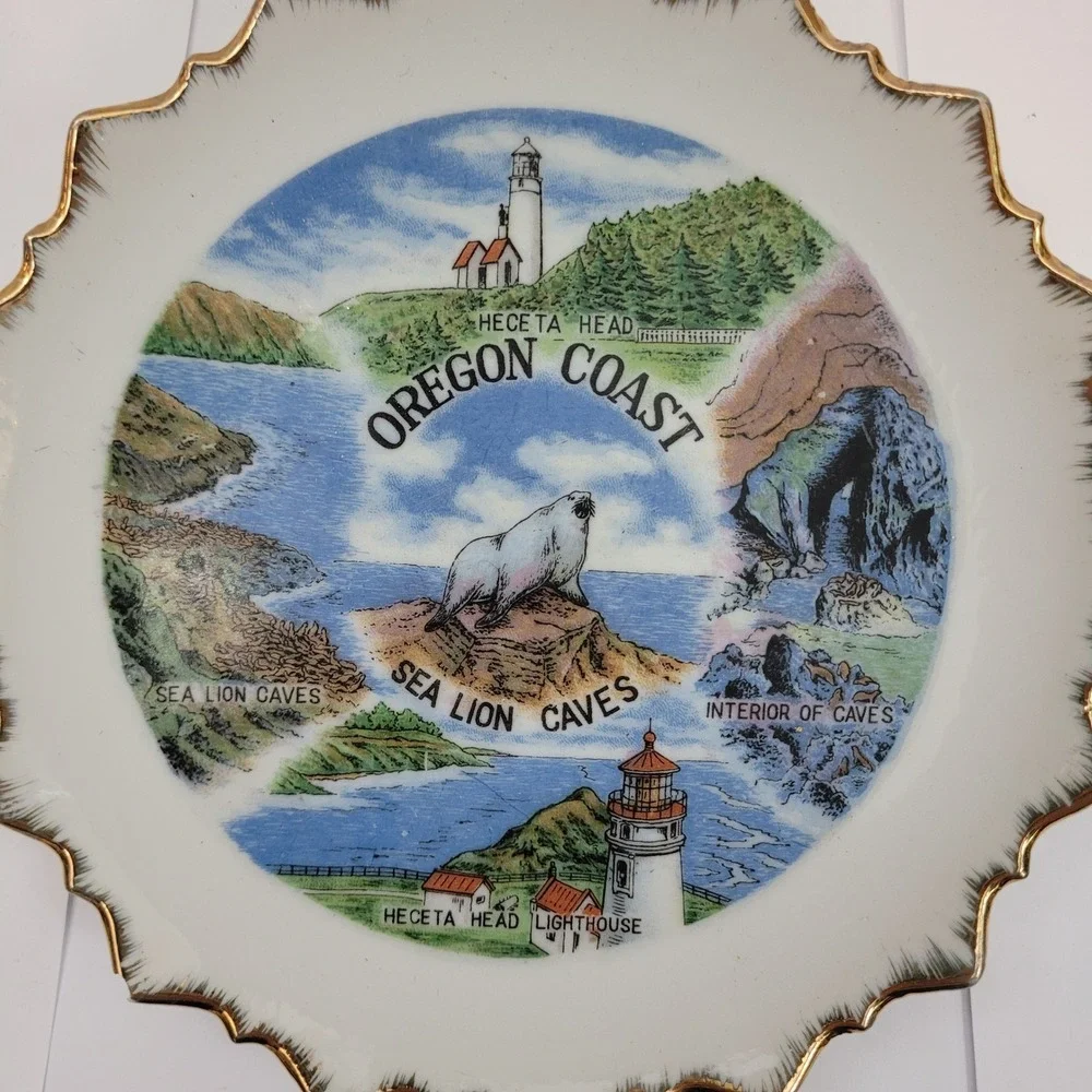 Anco Oregon Coast Souvenir Plate Sea Lion Caves Heceta Head Lighthouse 6.5in